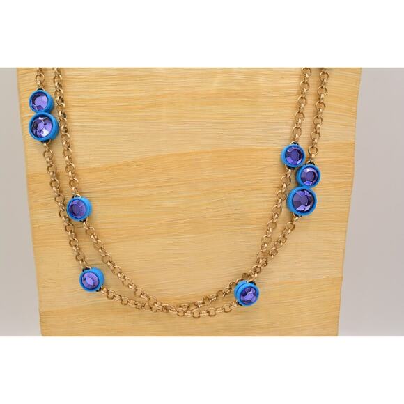 Coldwater Creek Necklace Blue Purple Crystal Rhinestone Chain Gold Signed 9J - Picture 2 of 12
